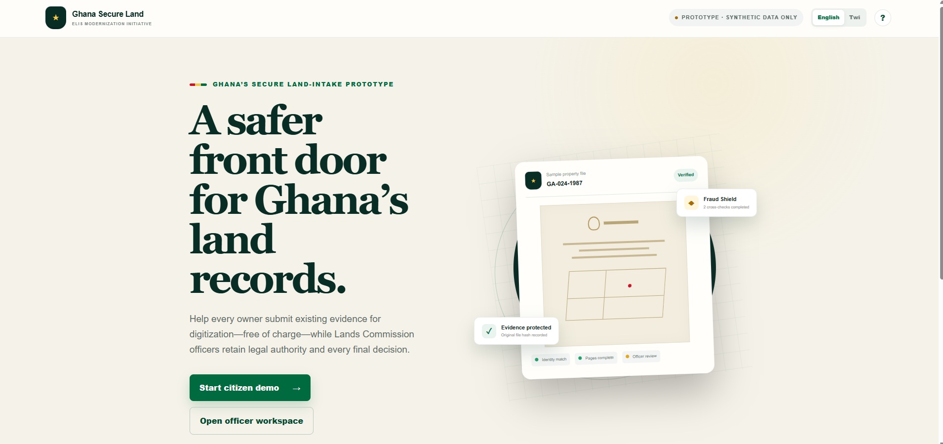 Ghana Secure Land prototype homepage