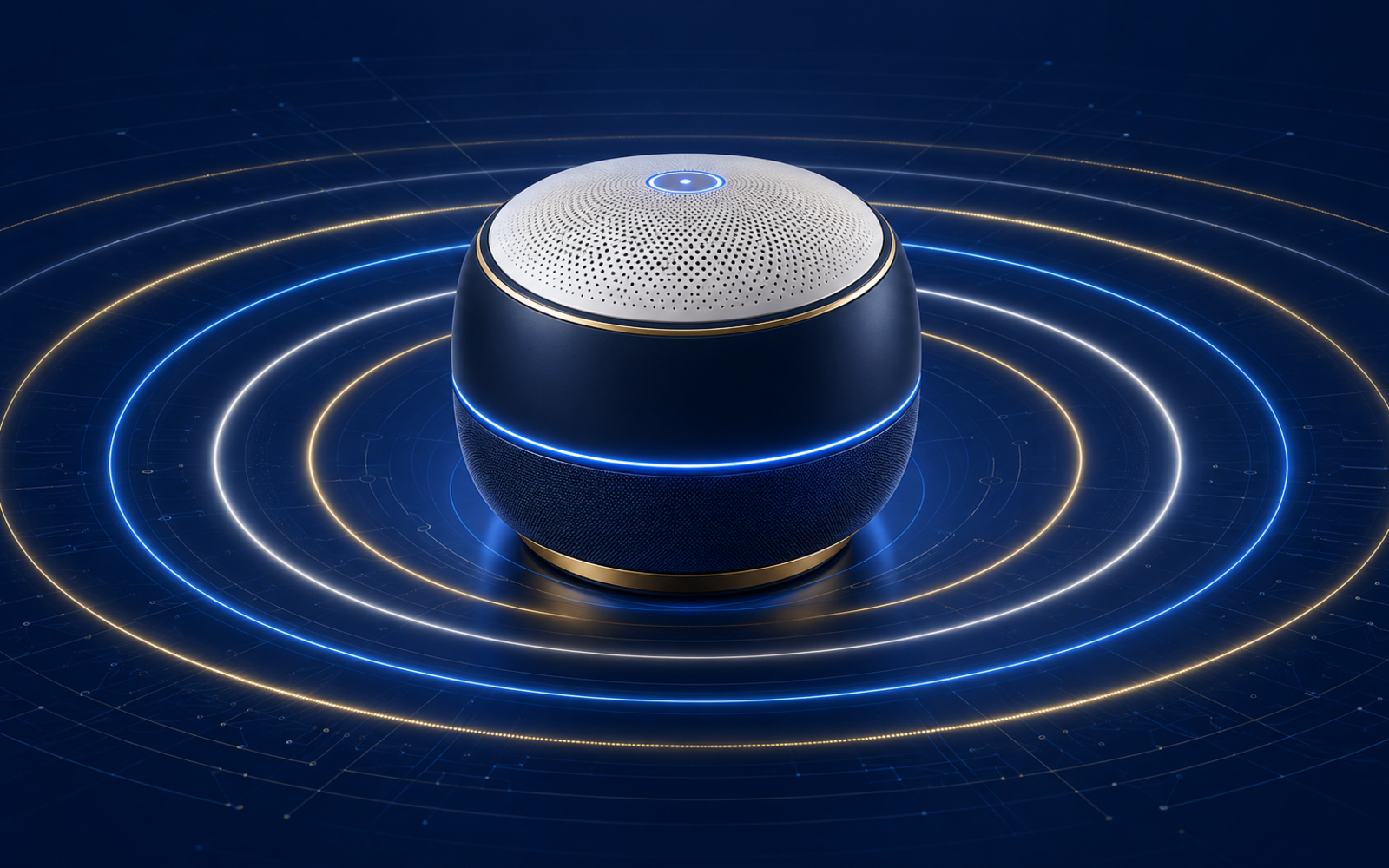 Futuristic voice assistant speaker with sound waves